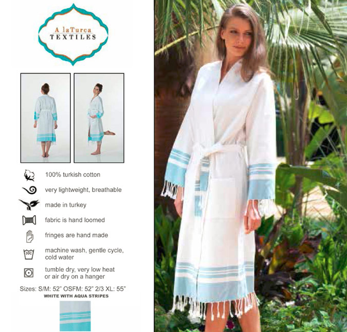 Beautiful, exquisite and very travel friendly Pestemal Robe would make a great addition to any chic retail store or Spa. Hand tied fringes make it fun and playful. We customize the robe for Spa use, i.e. modify pockets and fringes, offer different color palettes, given enough lead time. 