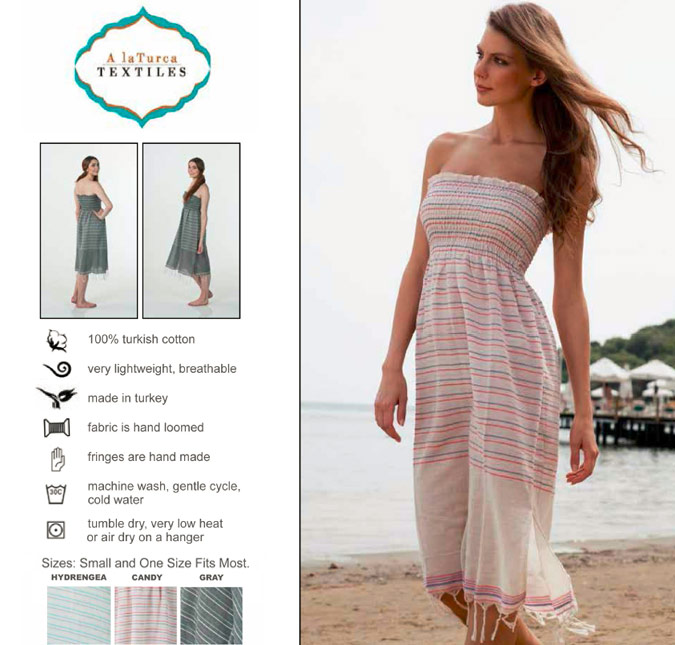 Made from 100% Turkish Cotton, this lightweight, breathable fabric is hand woven by local artisans. To easily move this fun tube dress from beach to lunch or dinner, pair it with a fun cardigan or better yet, one of our Pestemal Wraps that will easily fit in to your bag for those chilly evenings or over-air conditioned restaurants. 